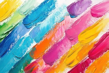Fototapeta premium Vibrant diagonal palette of thick textured oil paint strokes in rainbow colors conveying an energetic joyful mood