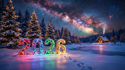 Colorful 2026 New Year Lights in a Snowy Winter Forest Under a Starry Night Sky