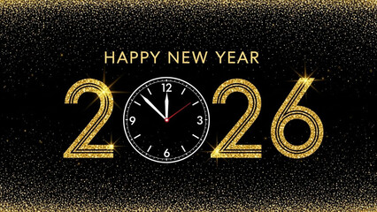 Happy New Year 2026 Midnight Clock Countdown with Golden Glitter Numbers on Black Background JPG