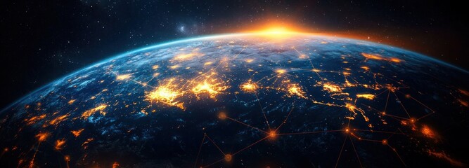 Curved Earth at sunrise with glowing city lights and interconnected orange network nodes across the dark planet under a starry space sky, evoking global connectivity and awe
