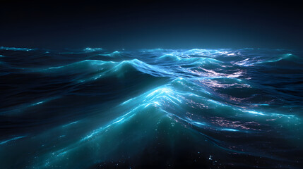 Mystical Ocean Waters: Capture the mesmerizing essence of a calm ocean, where each wave glows with an ethereal, dreamlike radiance. The deep, calming blue hues evoke tranquility.