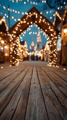 Obraz premium Wooden archway structure illuminated with string lights stands at Christmas market with blurred festive lights in cozy winter atmosphere.