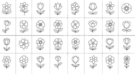 Large Set of 32 Outline Flower Icons with Stems, Diverse Minimalist Vector Illustrations