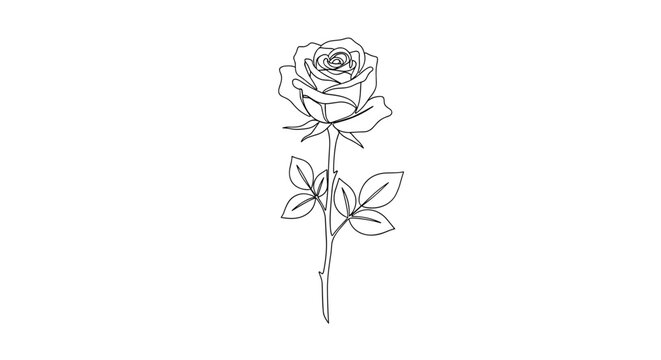 Continuous Line Art Rose with Stem and Leaves, Minimalist Black and White Floral Vector Design
