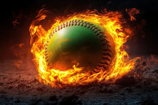 yellow-green softball with red stitching engulfed in roaring flames on dusty dirt, intense fiery energy and motion