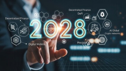Hand touching futuristic glowing "2028" with icons of DeFi, crypto, AI, and digital wallets