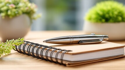 Corporate workspace background clean desk notebook pen neutral lighting