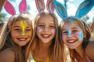 Fototapeta premium Three friends wearing glittery bunny ear headbands outdoors in bright sunlight, laughing and playful