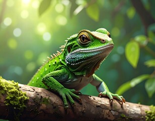Fototapeta premium Vibrant green lizard on a mossy branch in a lush forest