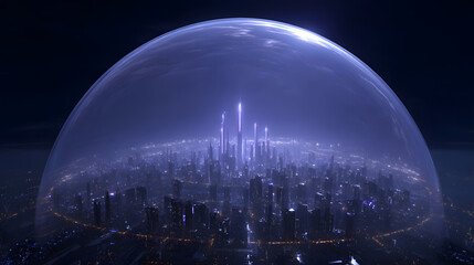 Protective Dome over City: A futuristic cityscape, nestled beneath a luminous protective dome, exudes an aura of resilience and technological advancement.