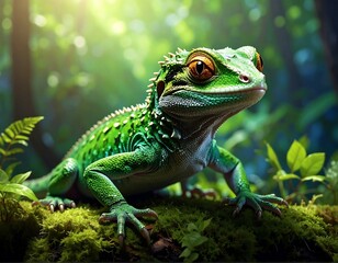 Vibrant green lizard in lush forest
