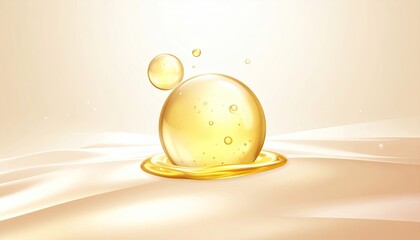 Golden serum bubble on soft liquid cream background for cosmetic product advertisement