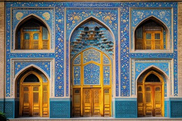 Obraz premium sunlit ornate blue tiled facade with golden wooden doors and arched niches, intricate floral and geometric mosaic work and muqarnas detail conveying a serene majestic mood