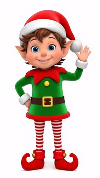 Cheerful Christmas Elf Character Waving - A cute 3D cartoon elf character is depicted wearing a classic red and green Christmas outfit and hat.