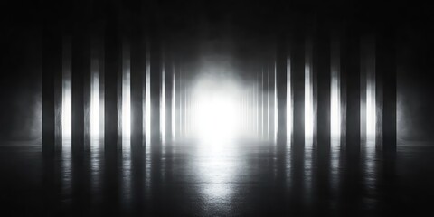long symmetrical row of dark concrete pillars in a foggy hall with reflective floor leading to a blinding glowing light, evoking an eerie mysterious atmosphere
