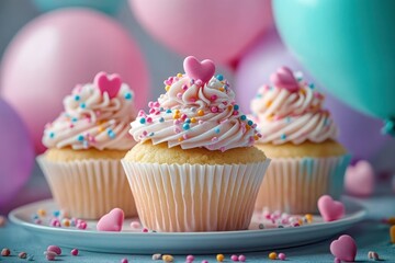 Three vanilla cupcakes with pink swirled frosting, colorful sprinkles and small pink heart toppers on a plate with pastel balloons in soft-focus background, festive joyful mood