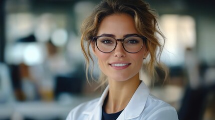 portrait of a calm confident female medical professional wearing a white lab coat in a modern blurred office background