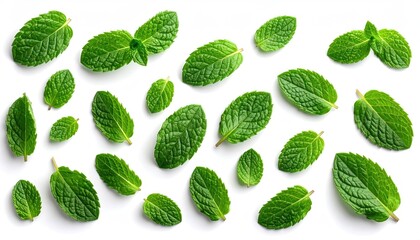 Fresh green mint leaves scattered on a plain white background