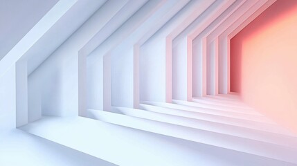 Minimalist interior corridor with repeating angled beams and columns, soft blue-to-pink gradient light, geometric symmetry and serene futuristic atmosphere