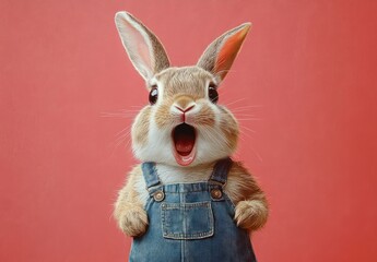 Surprised baby rabbit in denim overalls with wide open mouth, big eyes and upright ears against a coral background, playful and joyful expression