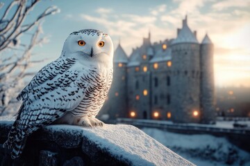 Snowy owl with bright orange eyes perched on a snow-covered stone wall at winter twilight, historic castle with warm glowing windows in the misty background, serene and majestic mood