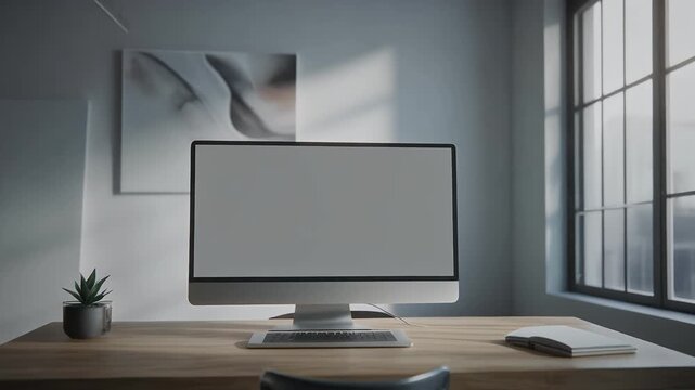 Modern office workspace with empty computer monitor on wooden desk