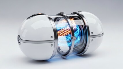 Futuristic White Spherical Fusion Reactor with Glowing Plasma Core - 3D Stock Illustration