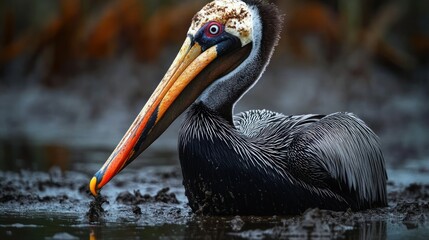 close-up of a pelican with a vibrant orange beak and red eye wading in muddy water, watchful intense expression