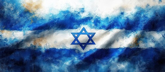 Waving blue and white flag with horizontal stripes and central six-pointed geometric star, painterly textured surface conveying dramatic solemn pride