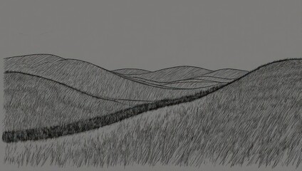 Rolling Grassy Hills Landscape Sketch in Black and White.