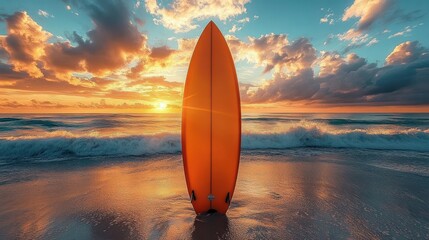 Orange surfboard standing upright on wet sandy beach at sunset with rolling waves, dramatic clouds and golden reflections, peaceful and evocative