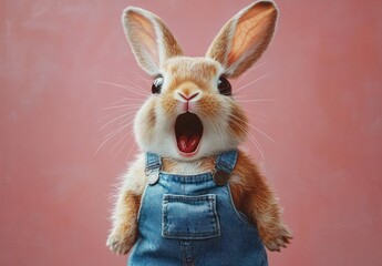 adorable brown and white rabbit in denim overalls with wide eyes and open mouth against a pink background, surprised and playful expression