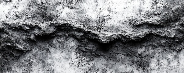 moody close-up of a weathered cracked concrete wall with dark mold, stains and a rough eroded ridge