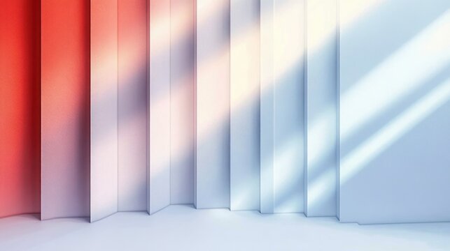 Minimalist interior with vertical folded panels, warm red to cool blue gradient light and diagonal shadow beams, modern tranquil and airy atmosphere