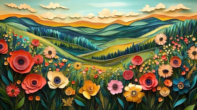 Whimsical handcrafted paper-cut meadow of colorful layered flowers and rolling green hills under a warm sunset sky with playful clouds evoking joyful serenity - Powered by Adobe