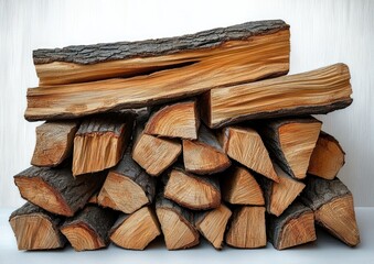Fototapeta premium Neatly stacked split firewood logs with rough bark and warm golden wood grain against a pale textured wall, evoking a cozy rustic calm