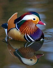 Vibrant Mandarin duck reflected in still water