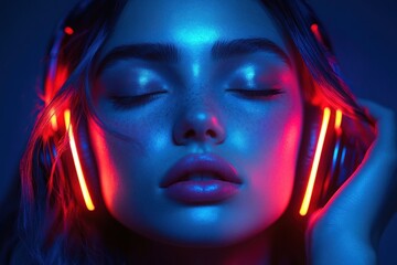 Person wearing glowing red and blue headphones, hand on earcup, long hair, neon-lit contemplative mood