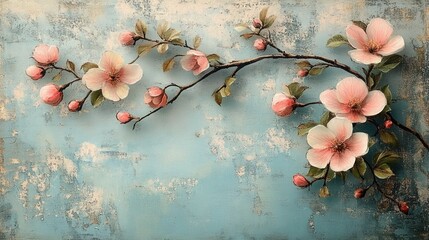 delicate flowering branch with pink blossoms, buds and green leaves against a distressed turquoise textured wall background, serene and tranquil floral scene
