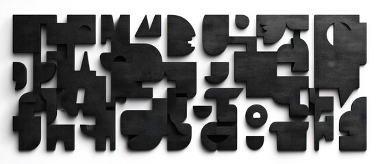 abstract arrangement of black textured geometric blocks and cutouts creating a minimalist high-contrast composition with deep shadows and a contemplative mood