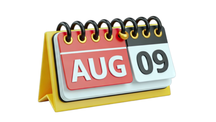 Calendar Showing August 9th on White Background