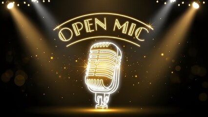 Golden Glowing 'OPEN MIC' Vintage Microphone Illustration with Stage Spotlights and Bokeh