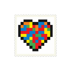 カラフルなピクセルハートが描かれた魅力的な切手