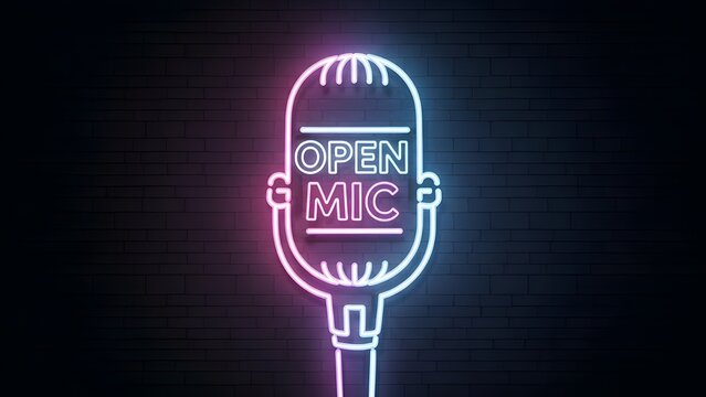 Glowing Neon Open Mic Microphone Sign on Dark Brick Wall Background