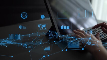An engaging composition featuring hands typing on a laptop surrounded by abstract data visuals, showcasing the fusion of technology and data analysis in a contemporary work setting. Xenic