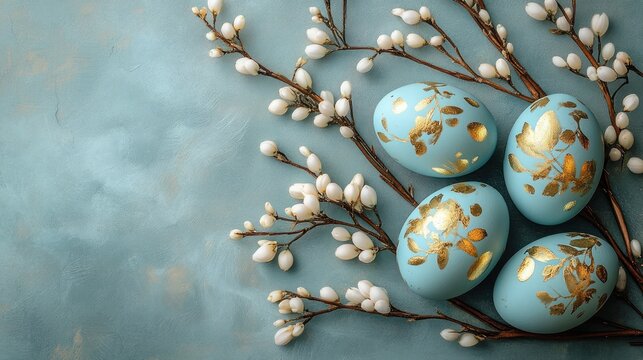 serene arrangement of turquoise eggs with gold floral leaf accents nestled among pussy willow branches on a textured teal background