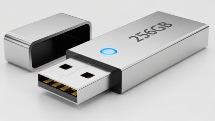 Silver Metallic USB Flash Drive 256GB with Protective Cap - 3D Render Stock Image