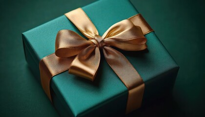 emerald green gift box wrapped with a golden satin ribbon and bow, elegant festive present conveying anticipation and celebration