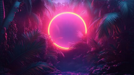 Glowing neon ring portal in a misty tropical jungle with dense palm leaves, vibrant magenta and teal lighting, mysterious dreamy futuristic atmosphere