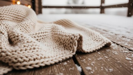 Cozy Knitted Blanket on Snowy Wooden Deck in Winter.